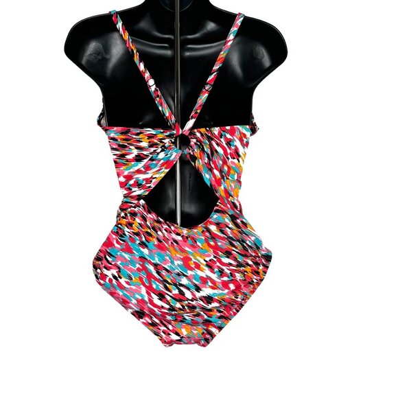 Aqua Green Womens One-Piece Swimsuit Multicolor 8 Cut-Out Back Detail Ruched Fro - Picture 3 of 6